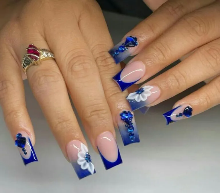 blue french tip nails with flowers 034 63628ecb5c
