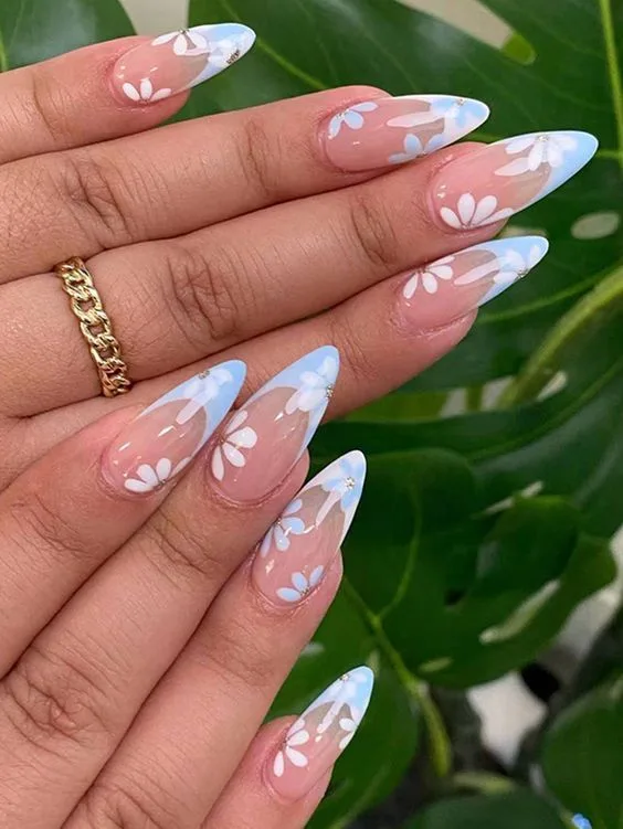 blue french tip nails with flowers 036 4a4ba801b3