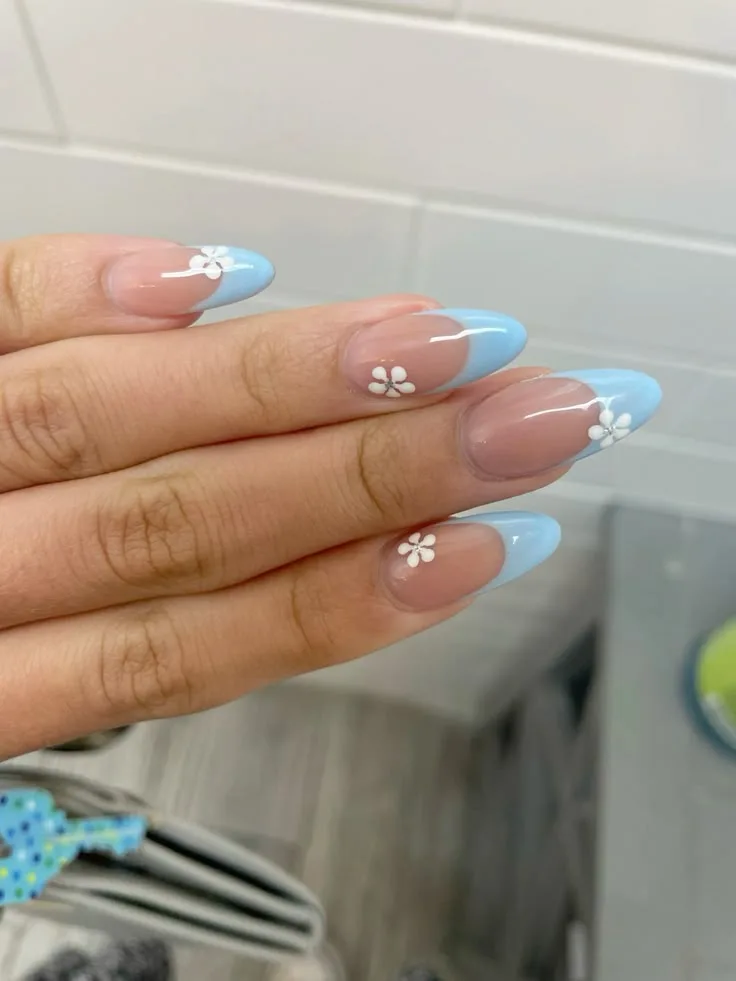 blue french tip nails with flowers 037 bc2e2dd423