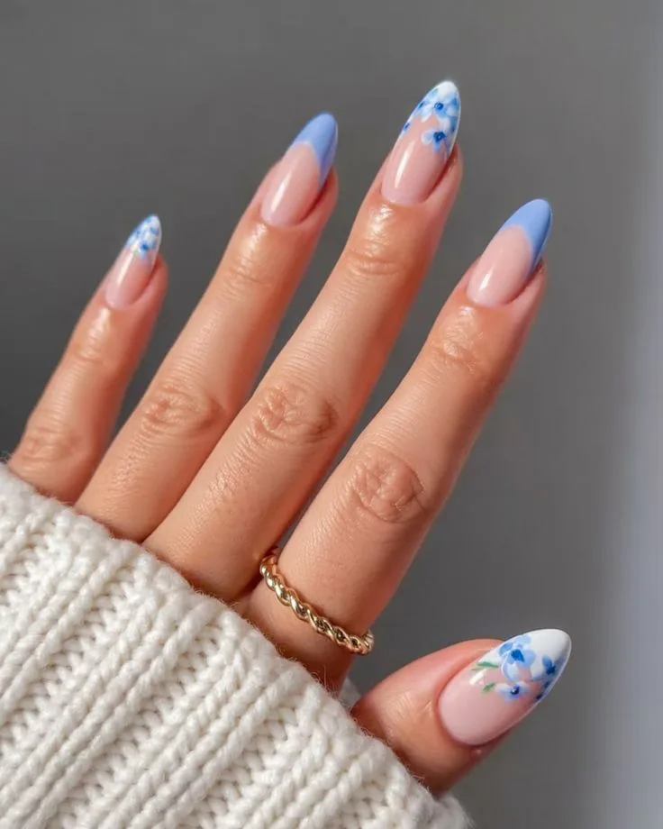 blue french tip nails with flowers 039 e518a48035