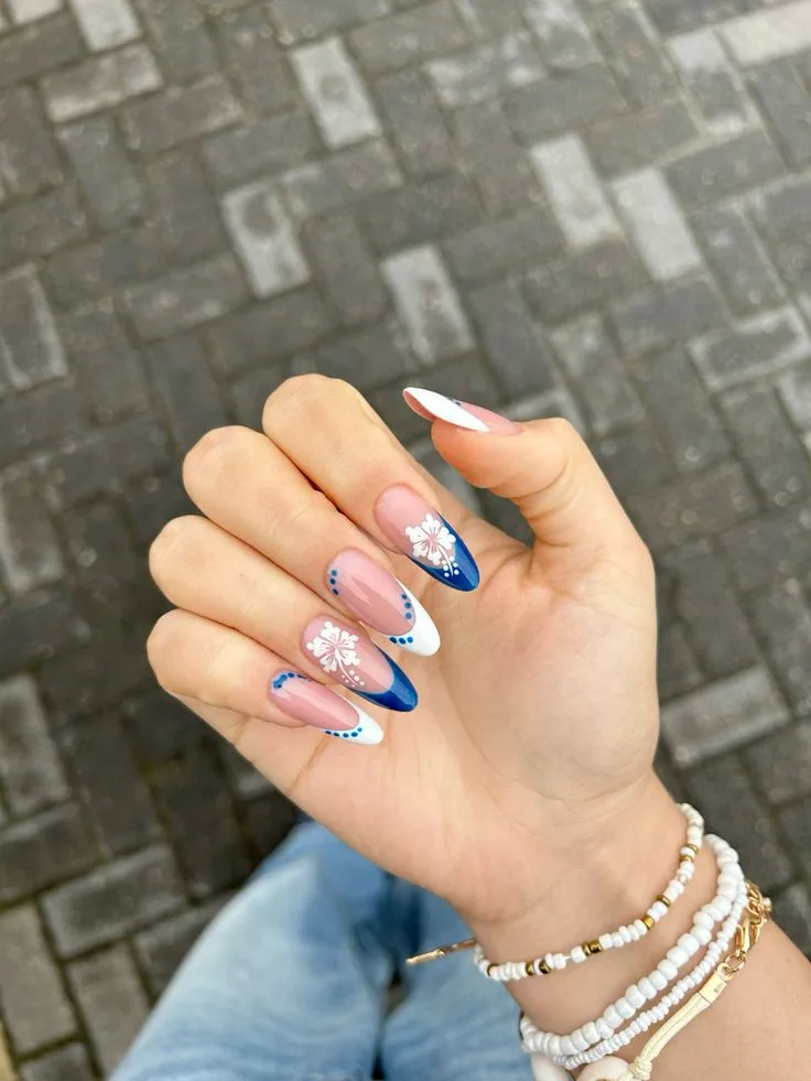 blue french tip nails with flowers 040 2b9dd25bca