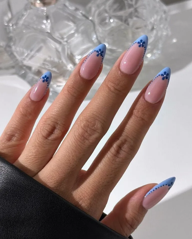 blue french tip nails with flowers 041 87158d6d6e