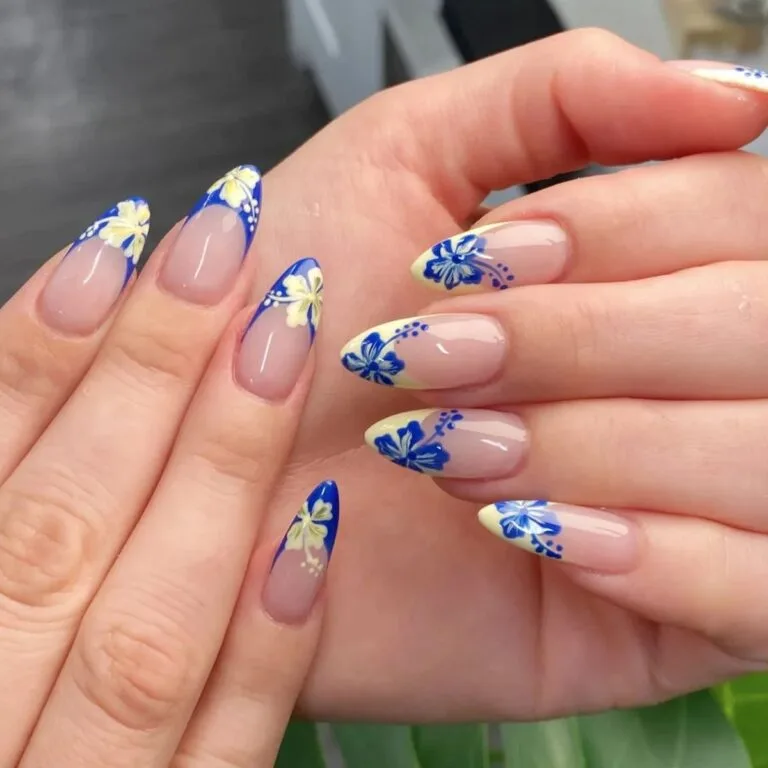 blue french tip nails with flowers 043 3914a8d04f