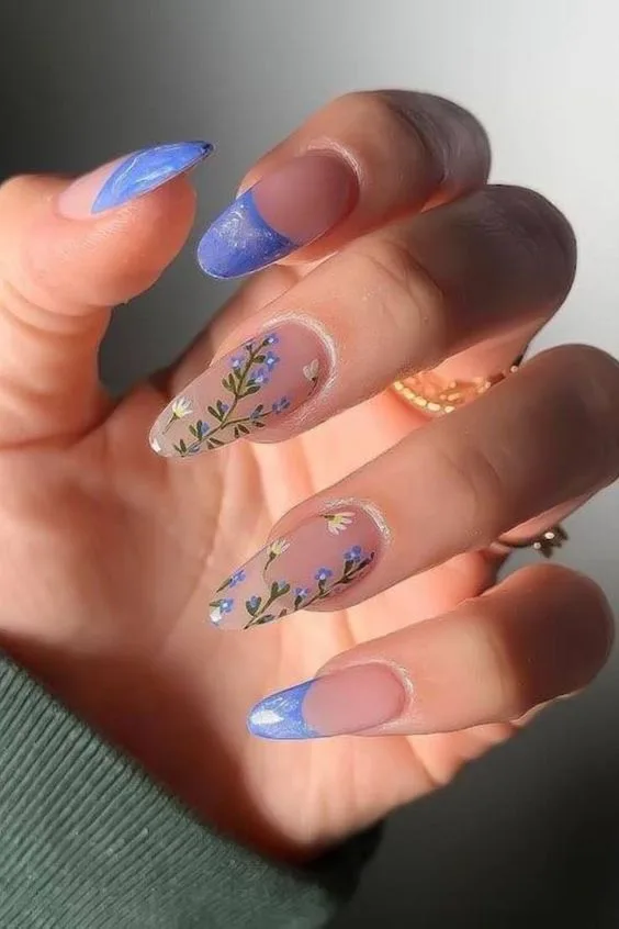 blue french tip nails with flowers 044 dc1e5288a3