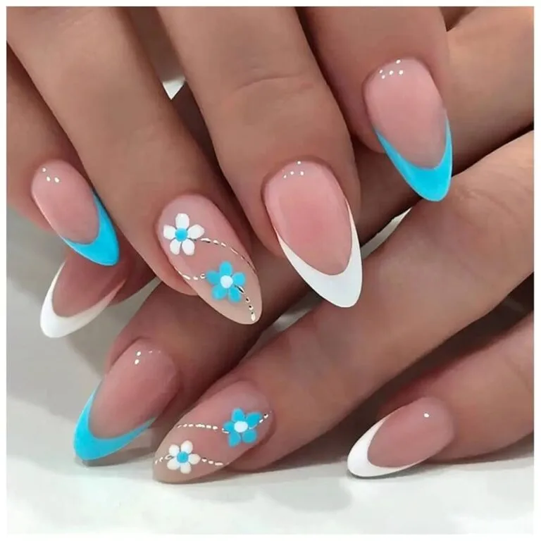 blue french tip nails with flowers 045 3a583cddb4