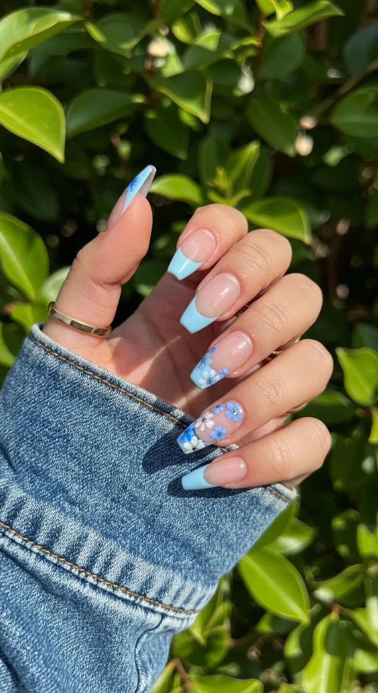 blue french tip nails with flowers 046 c8fe357d65