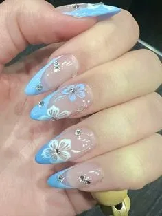 blue french tip nails with flowers 048 1851e47113