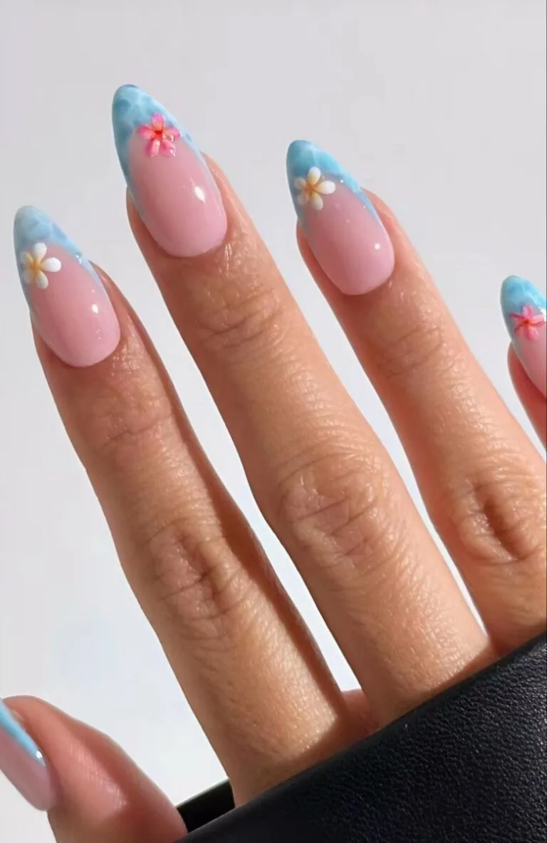 blue french tip nails with flowers 049 b5ad323756