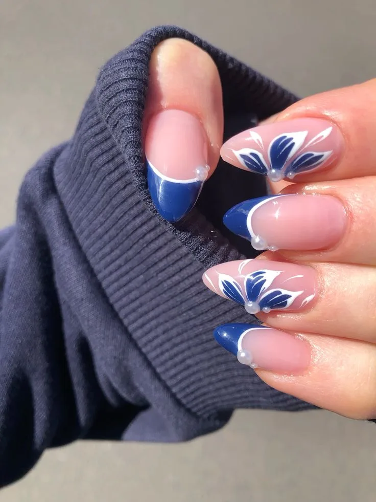 blue french tip nails with flowers 050 d302a7490d