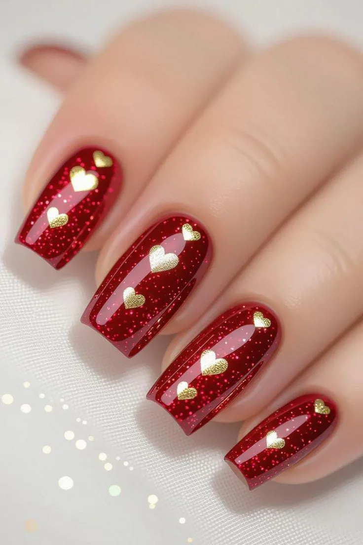 Sparkle and Shine with These Red And Gold Valentines Nail Ideas 1