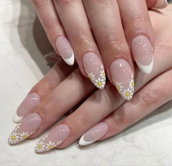 white french tip nails with flowers 004 532cc9e827