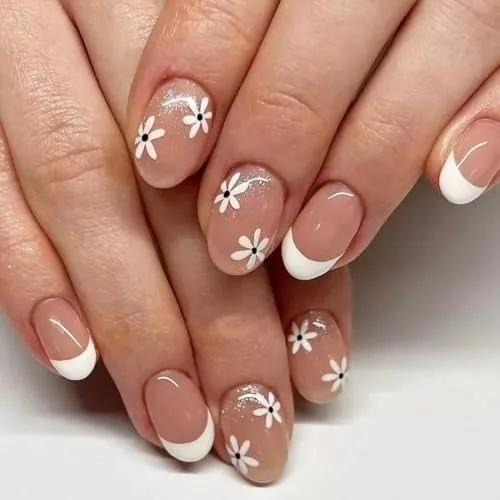 white french tip nails with flowers 009 8f05cab2f3