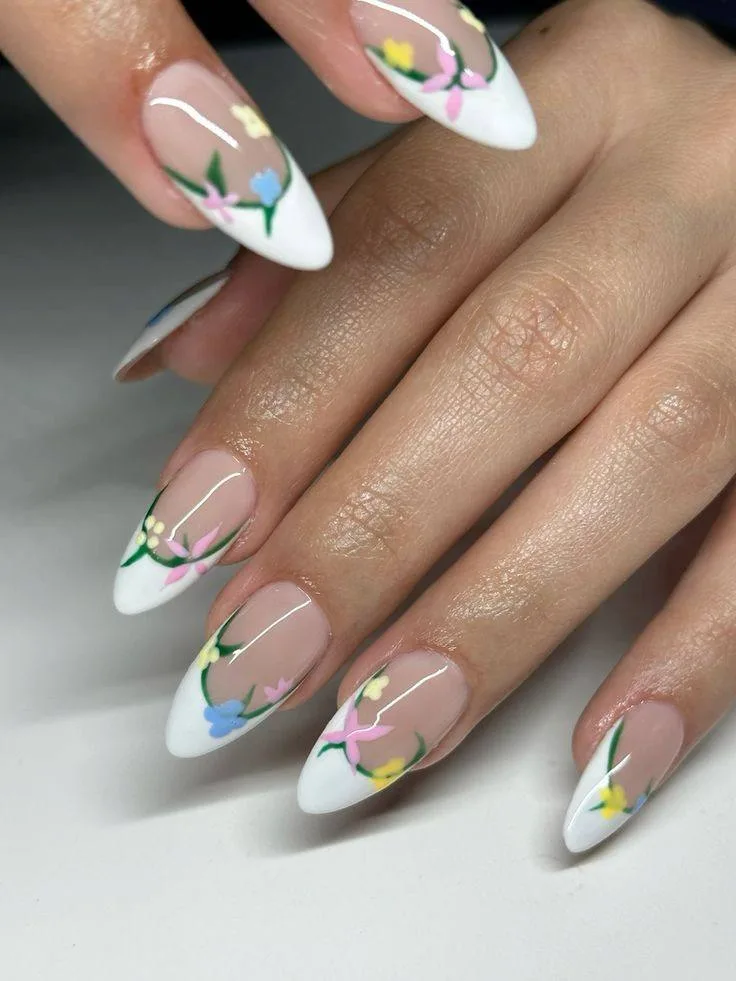 white french tip nails with flowers 010 7a4c19569a