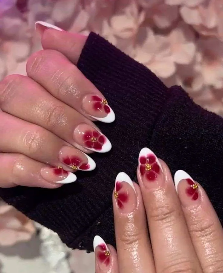 white french tip nails with flowers 014 8d906ac971