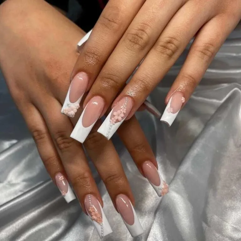 white french tip nails with flowers 015 785b0a8005