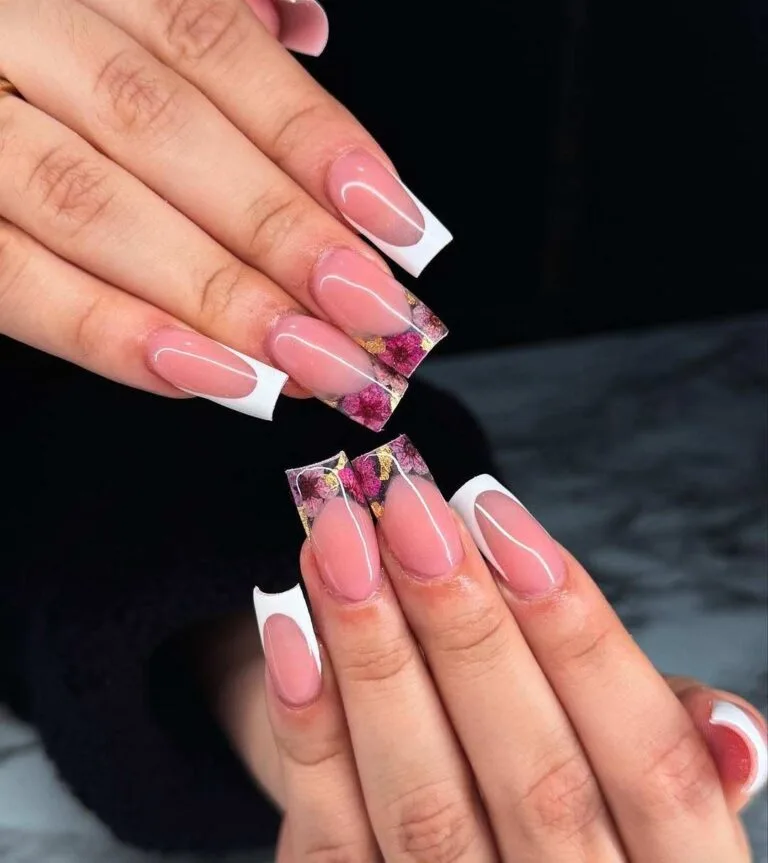 white french tip nails with flowers 017 5795070e2c