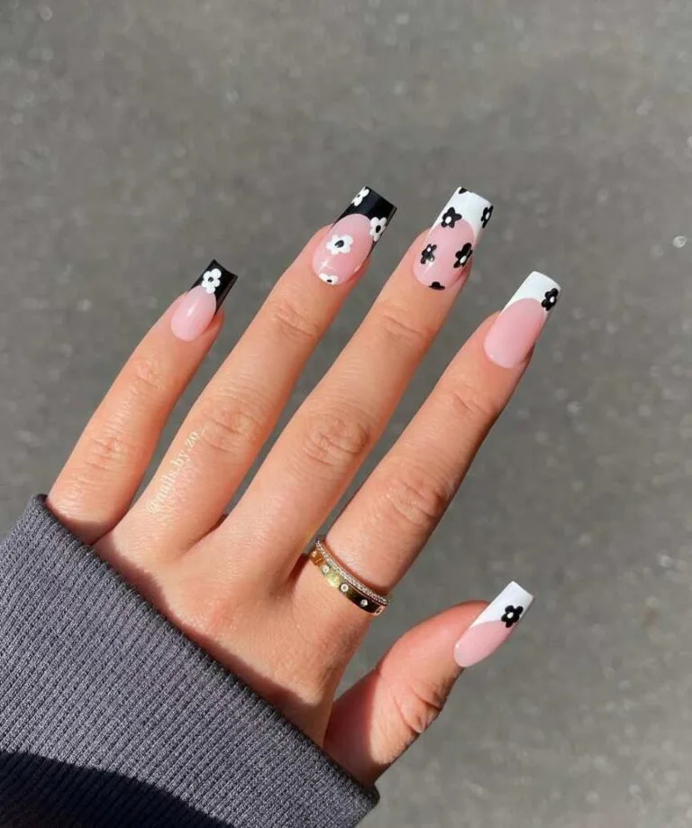 white french tip nails with flowers 020 9b430f1be9
