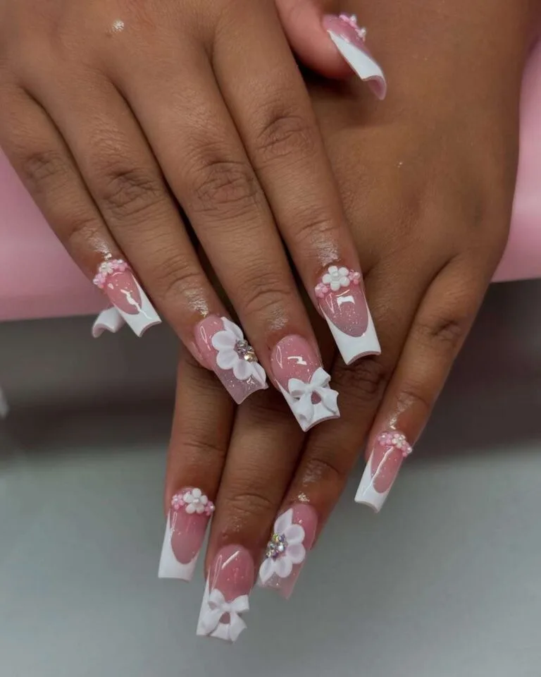 white french tip nails with flowers 021 43093e60bc