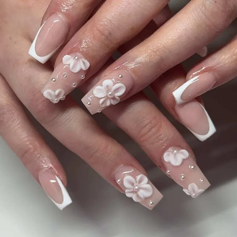white french tip nails with flowers 022 cc52a98979