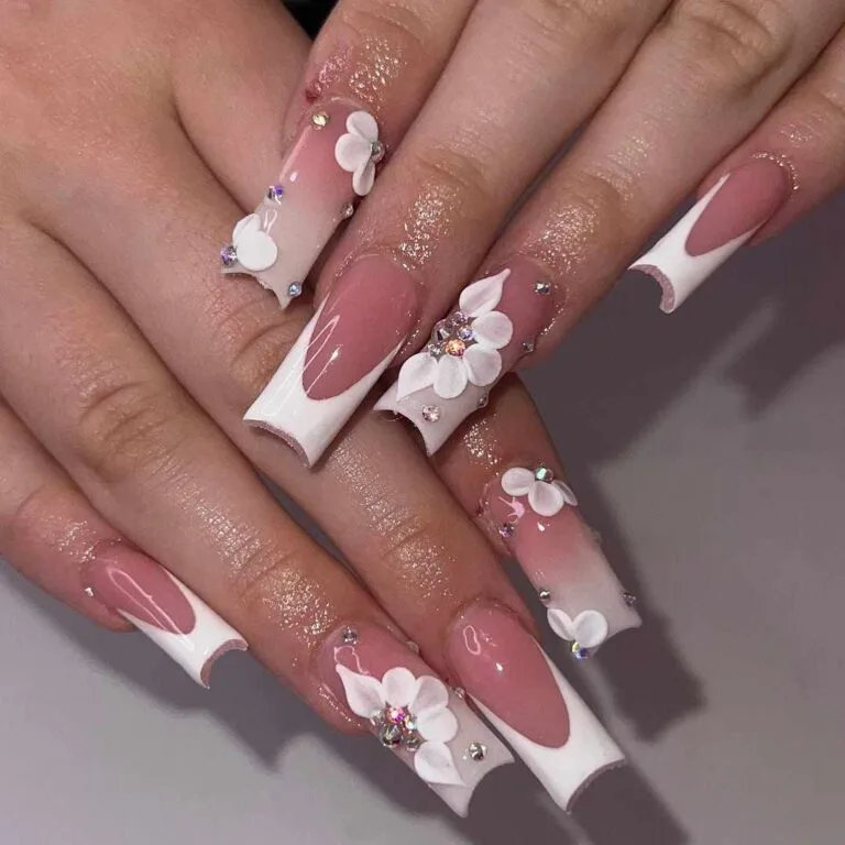 white french tip nails with flowers 023 8cd5e16899