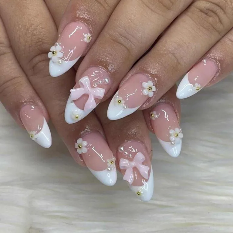 white french tip nails with flowers 024 9ba70a9e93