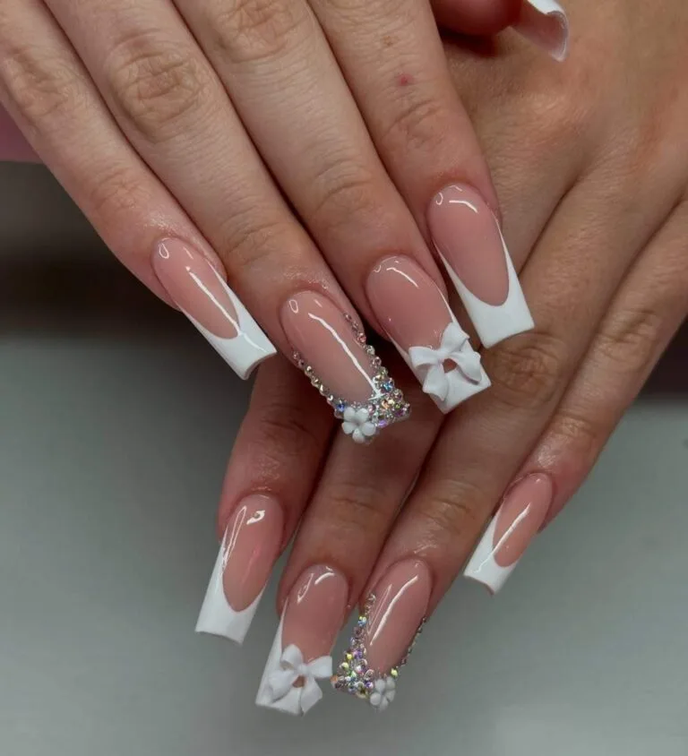 white french tip nails with flowers 025 87a33f9cad