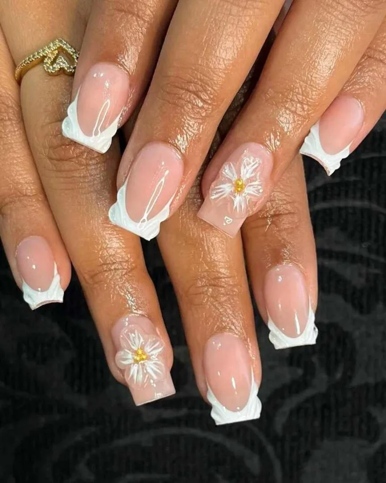 white french tip nails with flowers 026 26845b142f