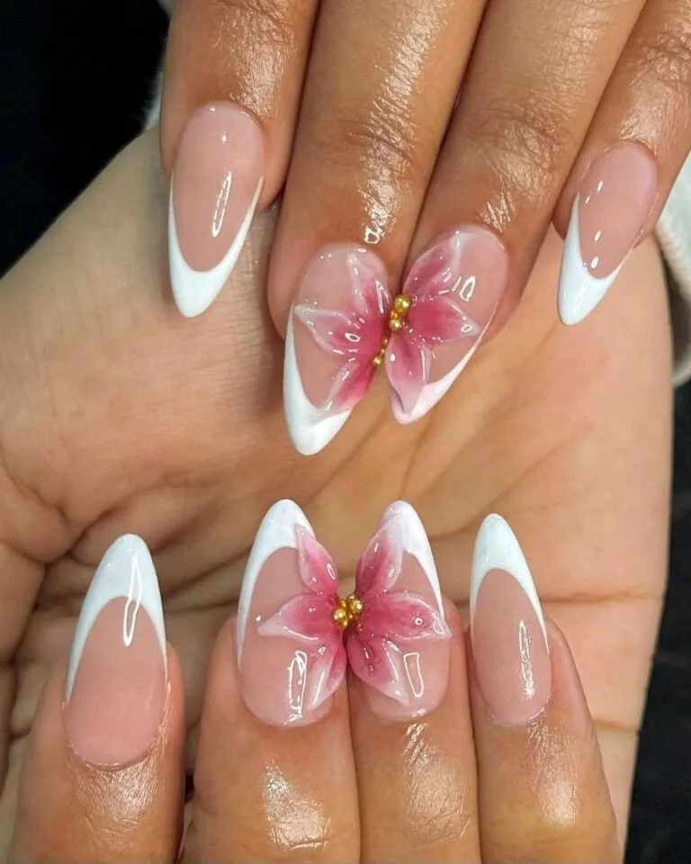 white french tip nails with flowers 027 b46de82860