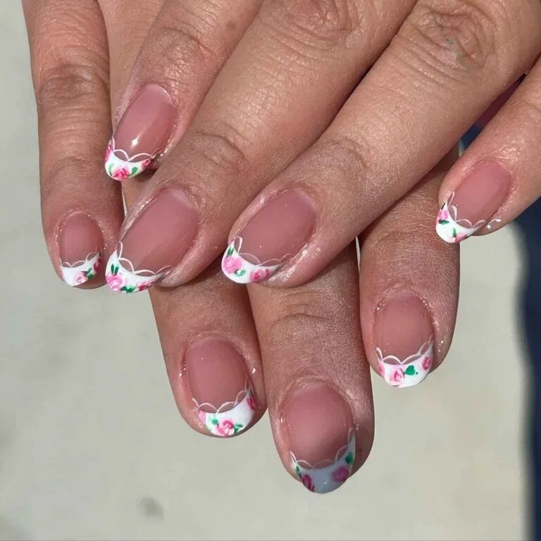 white french tip nails with flowers 028 f4475af314