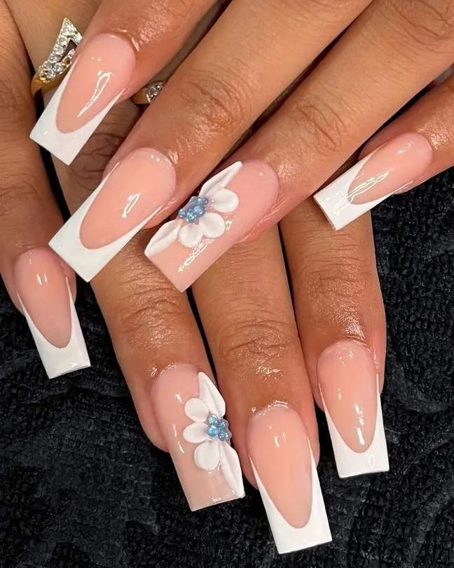 white french tip nails with flowers 029 2ef2103ef2
