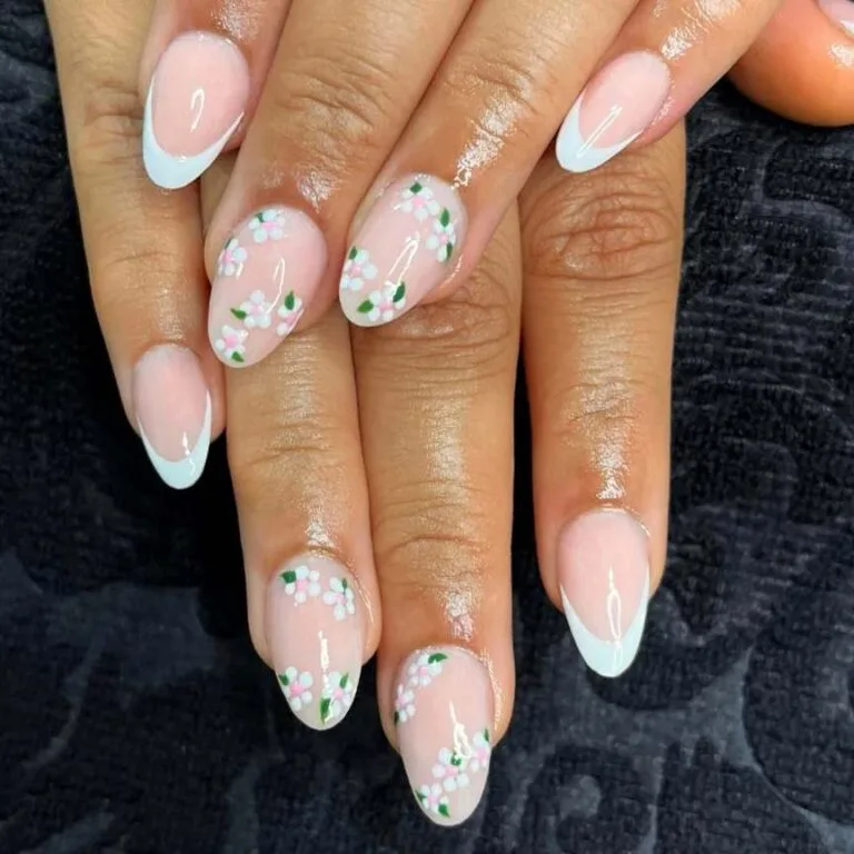 white french tip nails with flowers 030 90e315a2f4