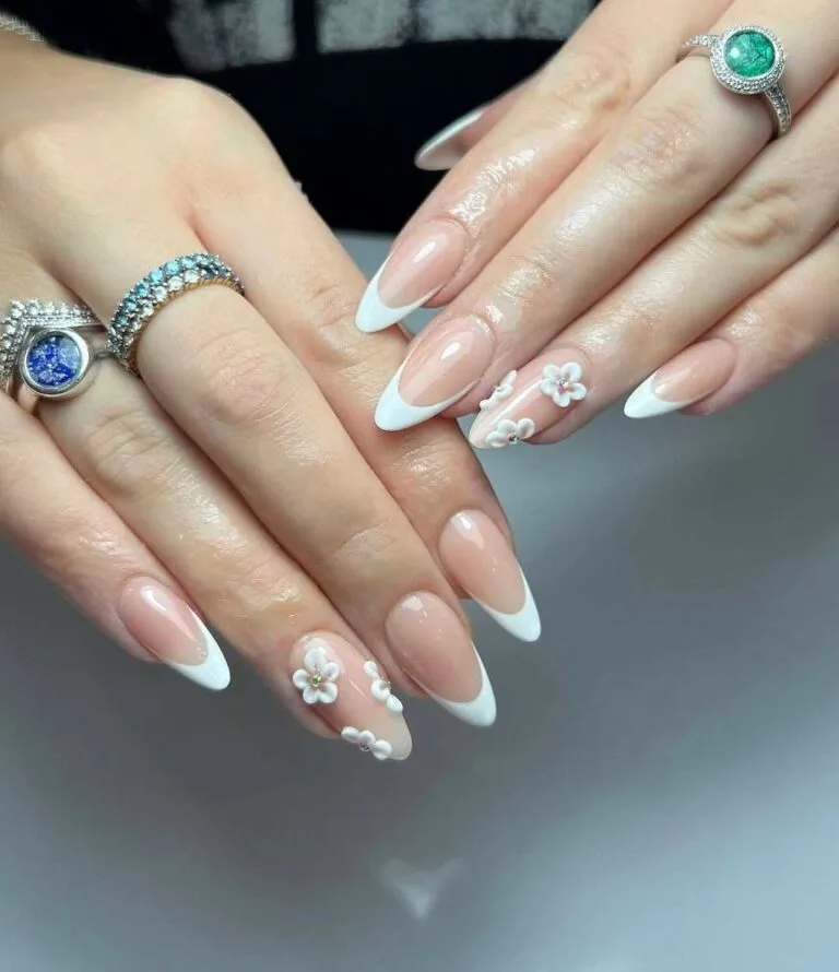 white french tip nails with flowers 031 a12a743db7