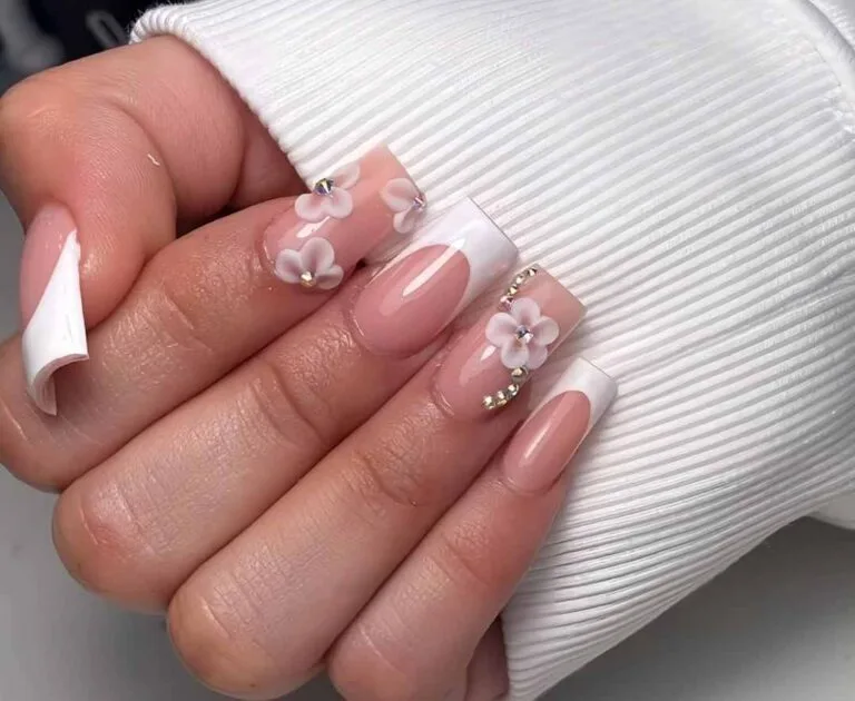 white french tip nails with flowers 032 7178ee4231