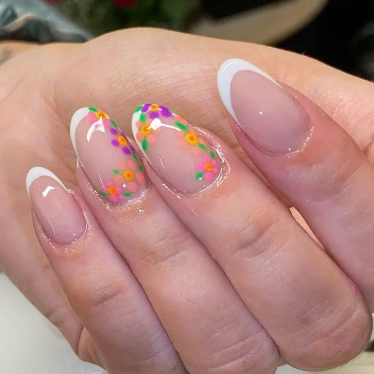 white french tip nails with flowers 033 737ae4f5cd
