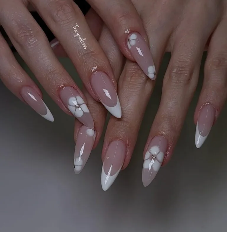 white french tip nails with flowers 035 61769d1f4a