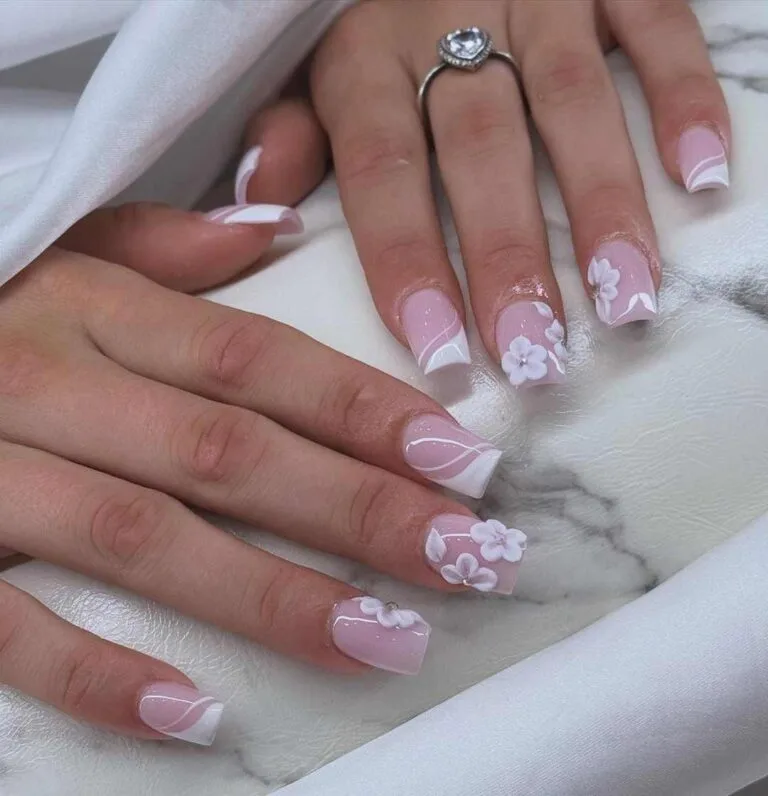 white french tip nails with flowers 036 8b1aa55d99