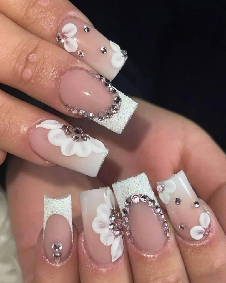 white french tip nails with flowers 037 57405802c5