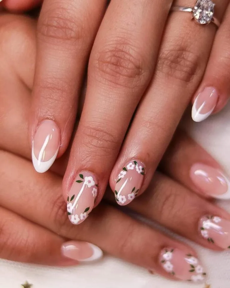 white french tip nails with flowers 038 efb452f00f