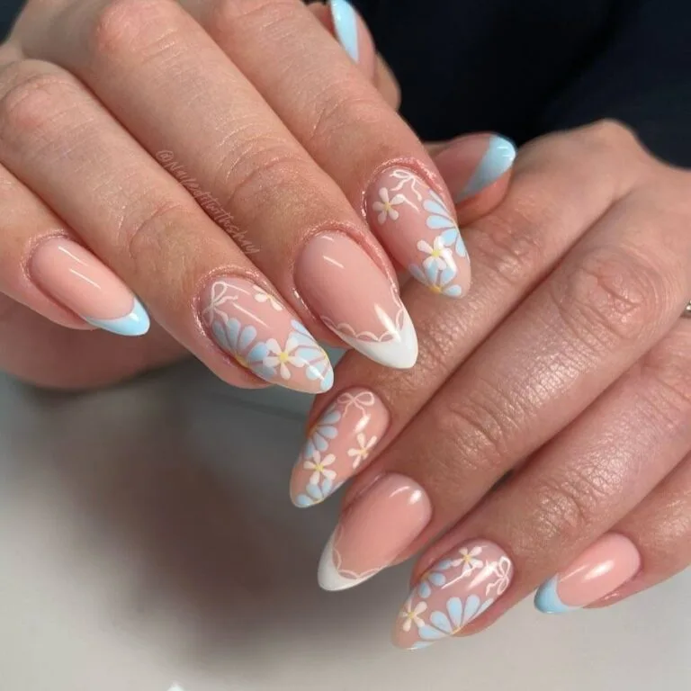 white french tip nails with flowers 039 aa344a41b3