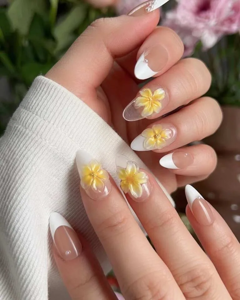 white french tip nails with flowers 040 b1aea971cb