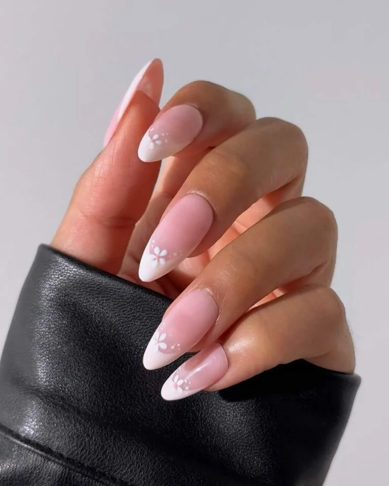white french tip nails with flowers 041 17929ed7d1