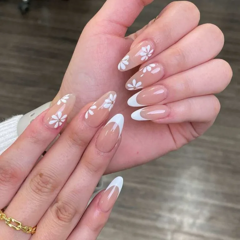 white french tip nails with flowers 042 a8e923d0f9